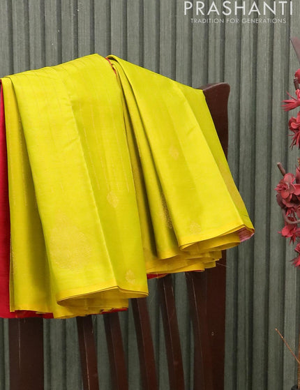 Pure kanjivaram silk saree lime yellow and dual shade of pink with allover zari weaves in borderless style - {{ collection.title }} by Prashanti Sarees