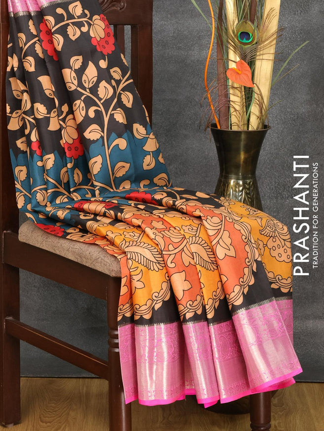 Pure kanjivaram silk saree multi colour and candy pink with allover digital kalamkari prints and silver zari woven border - {{ collection.title }} by Prashanti Sarees