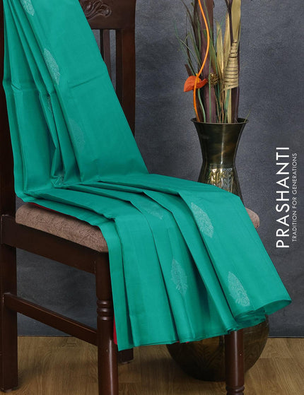 Pure kanjivaram silk saree teal blue and pink shade with silver zari woven buttas in borderless style - {{ collection.title }} by Prashanti Sarees