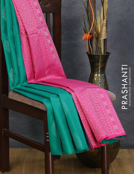 Pure kanjivaram silk saree teal blue and pink shade with silver zari woven buttas in borderless style - {{ collection.title }} by Prashanti Sarees