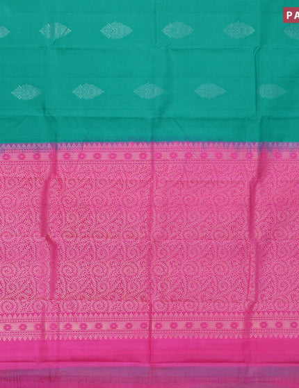 Pure kanjivaram silk saree teal blue and pink shade with silver zari woven buttas in borderless style - {{ collection.title }} by Prashanti Sarees