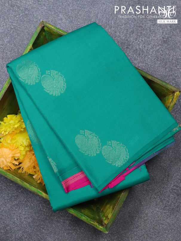 Pure kanjivaram silk saree teal blue and pink with zari woven annam buttas in borderless style - {{ collection.title }} by Prashanti Sarees