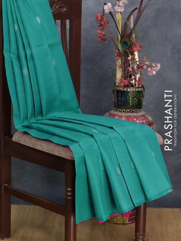 Pure kanjivaram silk saree teal blue and pink with zari woven annam buttas in borderless style - {{ collection.title }} by Prashanti Sarees