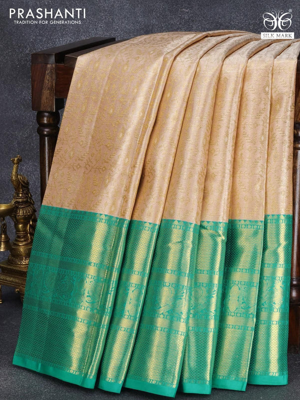 Pure kanjivaram tissue silk saree pastel shade and teal green with allover zari woven brocade weaves and long rich zari woven annam design border - {{ collection.title }} by Prashanti Sarees