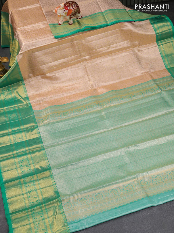 Pure kanjivaram tissue silk saree pastel shade and teal green with allover zari woven brocade weaves and long rich zari woven annam design border - {{ collection.title }} by Prashanti Sarees