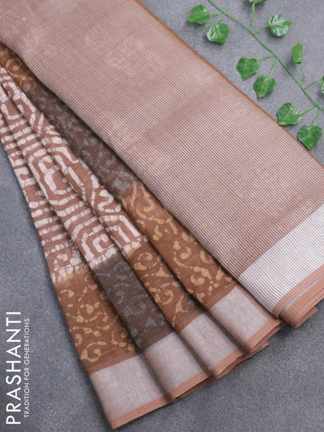 Pure linen saree brown with allover batik prints and silver zari woven border - {{ collection.title }} by Prashanti Sarees