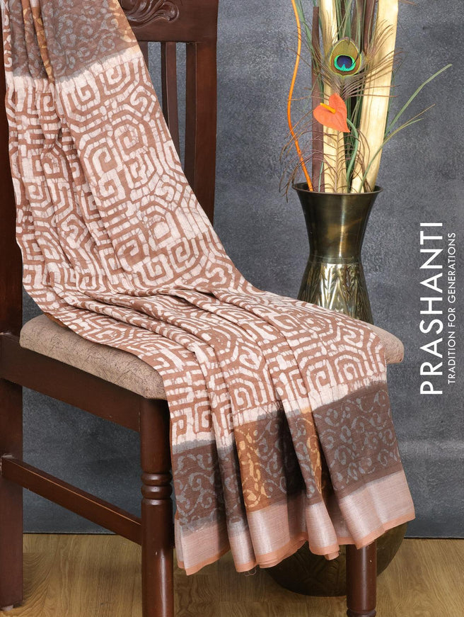 Pure linen saree brown with allover batik prints and silver zari woven border - {{ collection.title }} by Prashanti Sarees