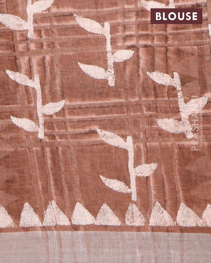 Pure linen saree brown with allover batik prints and silver zari woven border - {{ collection.title }} by Prashanti Sarees
