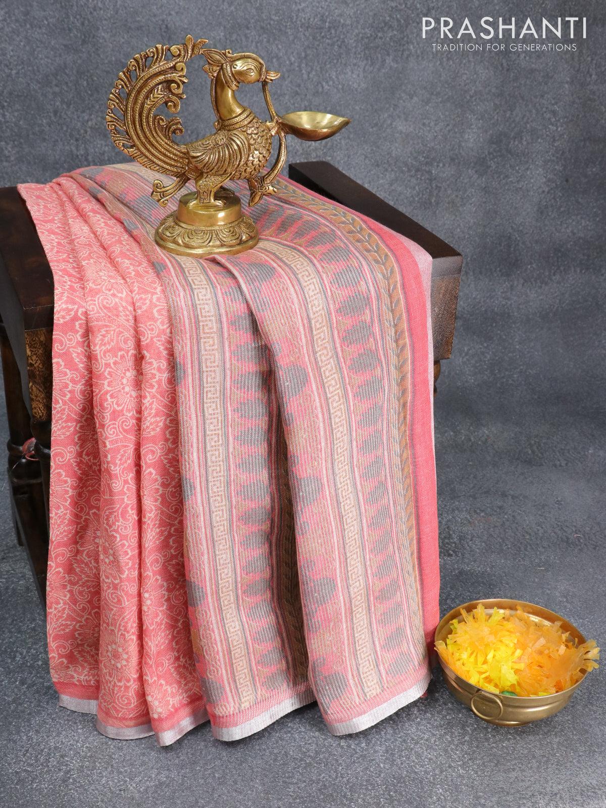 Semi linen saree green with kantha stitch work and silver zari border – Prashanti  Sarees