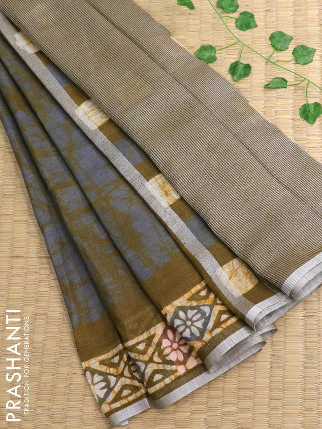 Pure linen saree olive green with allover batik prints and silver zari woven border - {{ collection.title }} by Prashanti Sarees