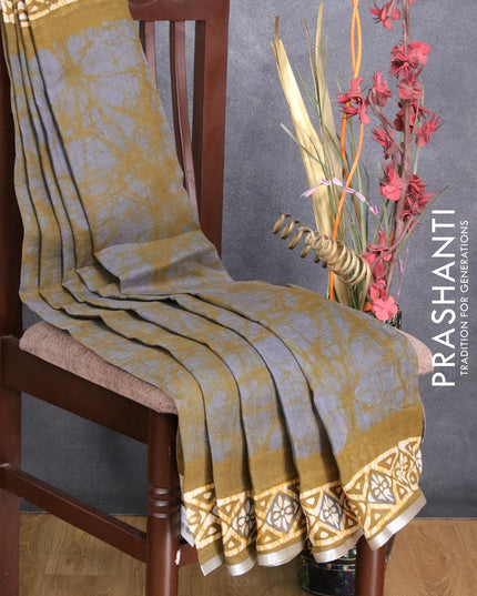 Pure linen saree olive green with allover batik prints and silver zari woven border - {{ collection.title }} by Prashanti Sarees