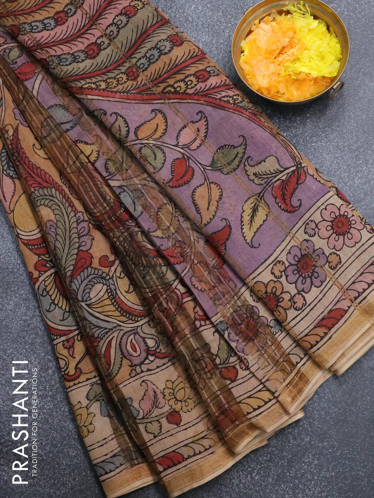 Printed silk saree brown and orange with allover kalamkari prints and – Prashanti  Sarees