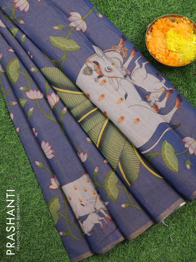 Pure tissue silk saree blue with allover pichwai prints and small zari woven piping border - {{ collection.title }} by Prashanti Sarees