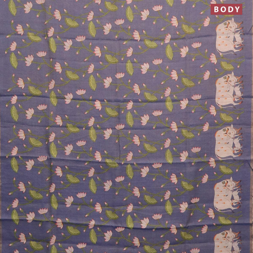 Pure tissue silk saree blue with allover pichwai prints and small zari woven piping border - {{ collection.title }} by Prashanti Sarees
