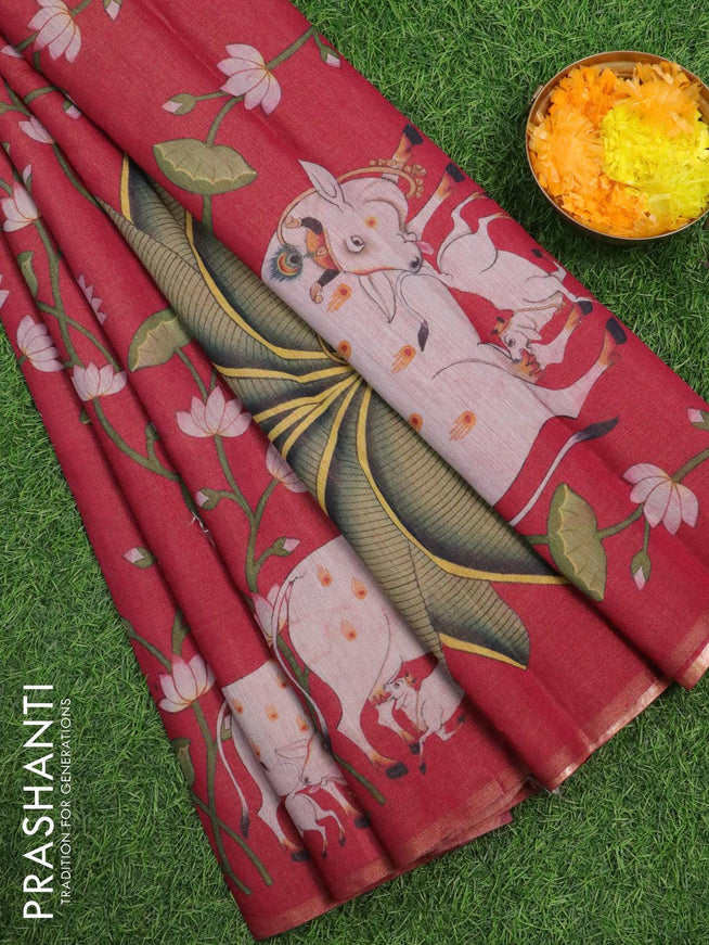 Pure tissue silk saree dark pink with allover pichwai prints and small zari woven piping border - {{ collection.title }} by Prashanti Sarees