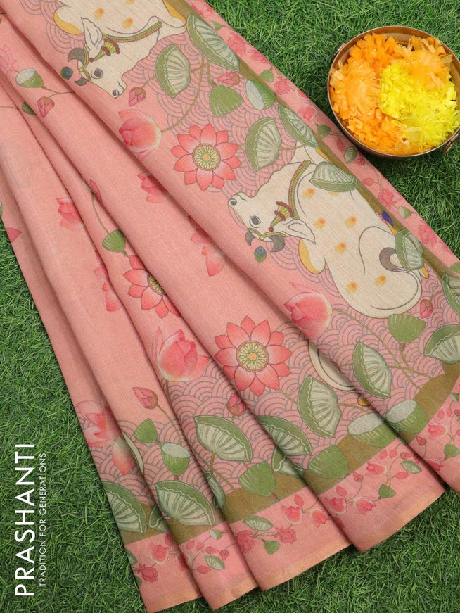 Pure tissue silk saree peach shade with allover pichwai prints and small zari woven piping border - {{ collection.title }} by Prashanti Sarees