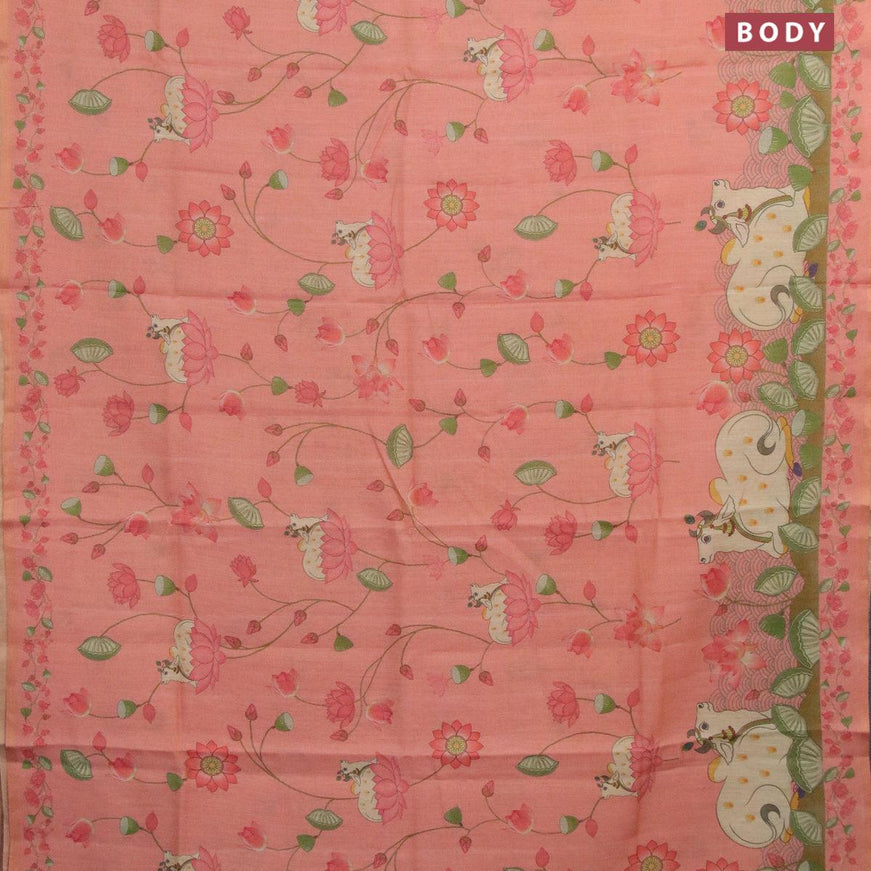 Pure tissue silk saree peach shade with allover pichwai prints and small zari woven piping border - {{ collection.title }} by Prashanti Sarees