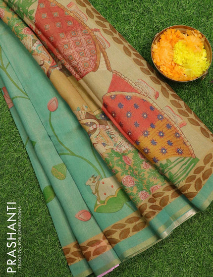 Pure tissue silk saree teal blue with allover pichwai prints and small zari woven piping border - {{ collection.title }} by Prashanti Sarees