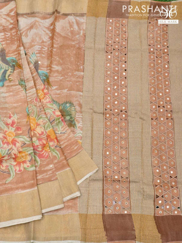 Pure tussar silk saree beige with allover prints and cut work pallu - {{ collection.title }} by Prashanti Sarees