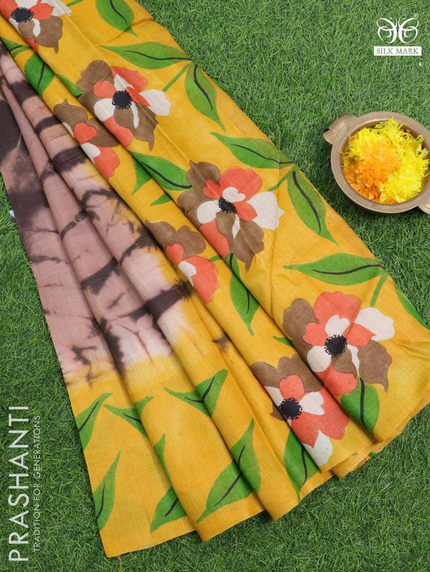 Pure tussar silk saree brown and mango yellow with tie & dye prints and printed border - {{ collection.title }} by Prashanti Sarees