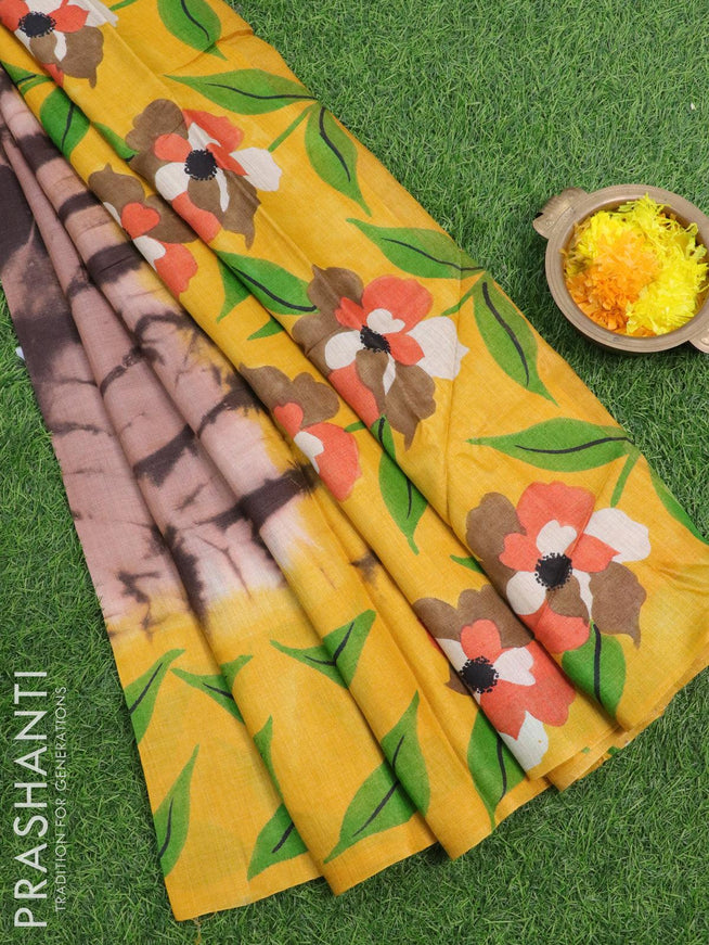 Pure tussar silk saree brown and mango yellow with tie & dye prints and printed border - {{ collection.title }} by Prashanti Sarees