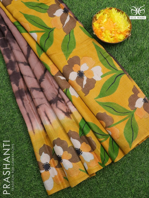 Pure tussar silk saree brown and mustard yellow with allover tie & dye prints and printed border - {{ collection.title }} by Prashanti Sarees