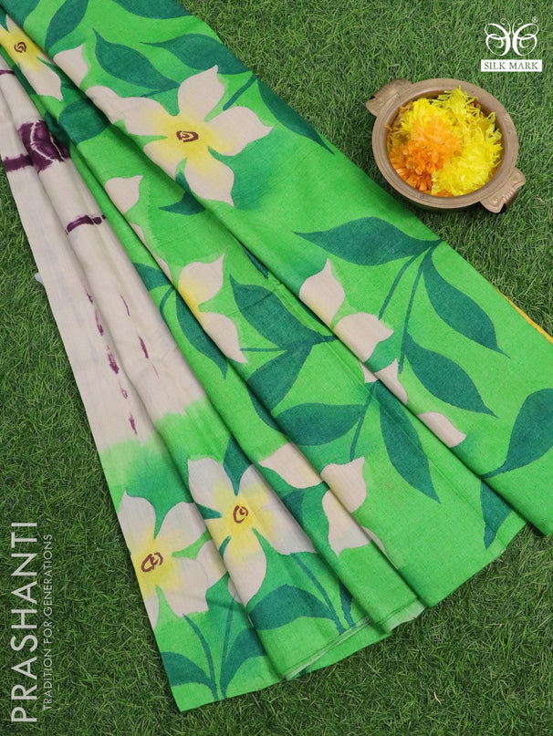 Pure tussar silk saree cream and light green with tie & dye prints and printed border - {{ collection.title }} by Prashanti Sarees