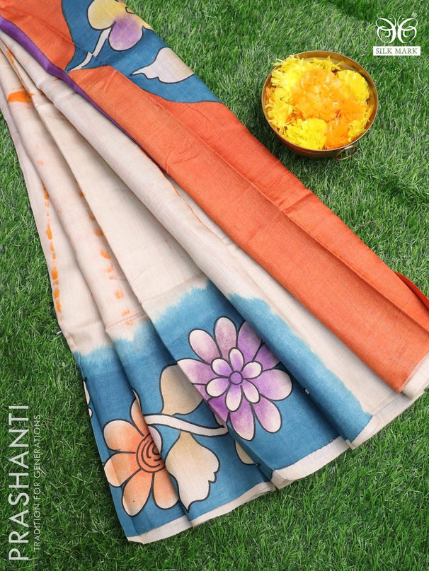 Pure tussar silk saree cream and peacock blue with allover tie & dye prints and printed border - {{ collection.title }} by Prashanti Sarees