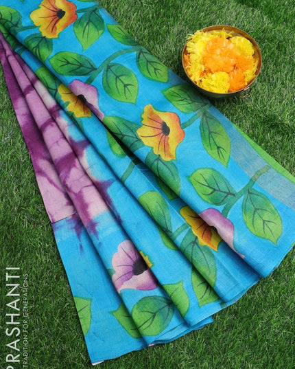 Pure tussar silk saree deep purple and light blue with allover tie & dye prints and printed border - {{ collection.title }} by Prashanti Sarees