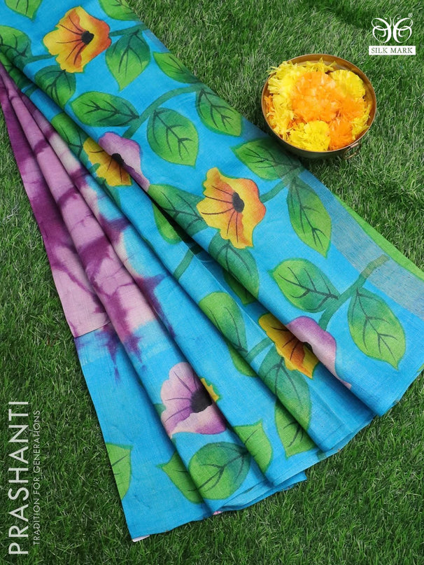 Pure tussar silk saree deep purple and light blue with allover tie & dye prints and printed border - {{ collection.title }} by Prashanti Sarees