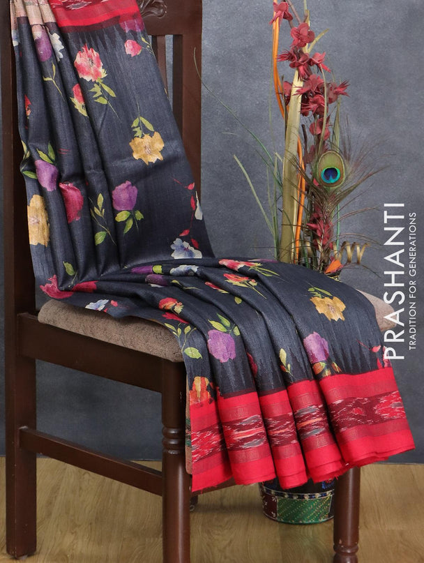 Pure tussar silk saree elephant grey and red with allover floral prints and vidarbha border - {{ collection.title }} by Prashanti Sarees