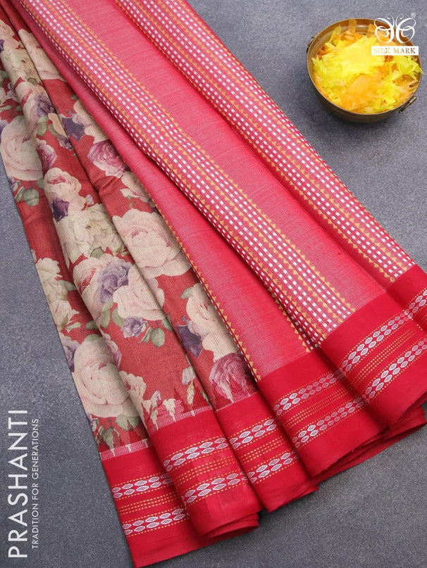 Pure tussar silk saree maroon shade and red with allover floral prints and vidarbha border - {{ collection.title }} by Prashanti Sarees