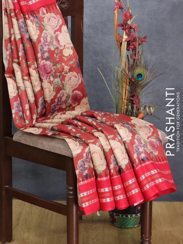 Pure tussar silk saree maroon shade and red with allover floral prints and vidarbha border - {{ collection.title }} by Prashanti Sarees