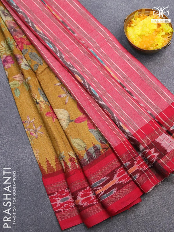 Pure tussar silk saree mustard yellow and red with allover floral printrs and vidarbha border - {{ collection.title }} by Prashanti Sarees