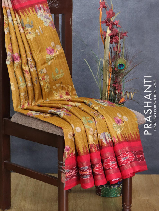 Pure tussar silk saree mustard yellow and red with allover floral printrs and vidarbha border - {{ collection.title }} by Prashanti Sarees