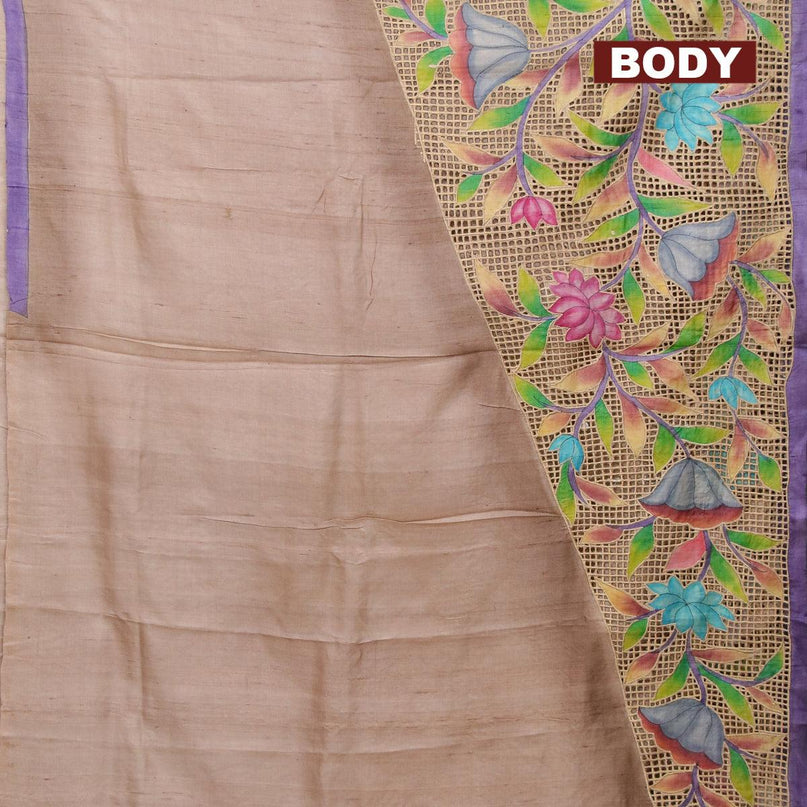 Pure tussar silk saree pastel brown and lavender with floral prints and cut work - {{ collection.title }} by Prashanti Sarees