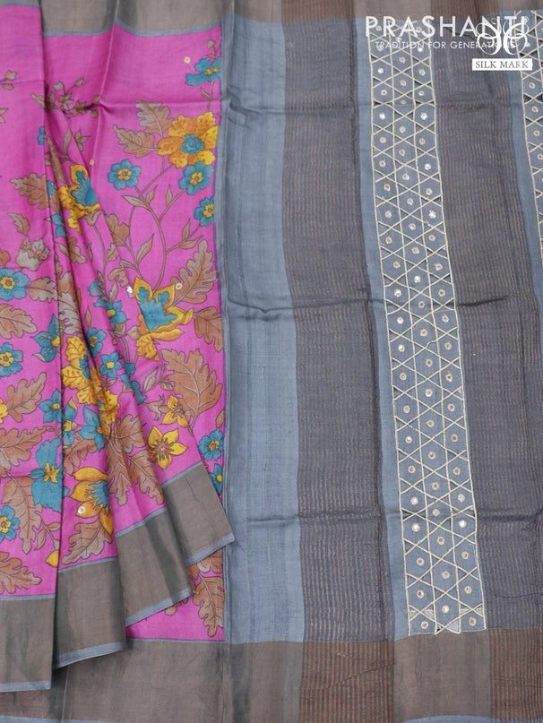 Pure tussar silk saree pink and grey with floral prints and cut work pallu - {{ collection.title }} by Prashanti Sarees