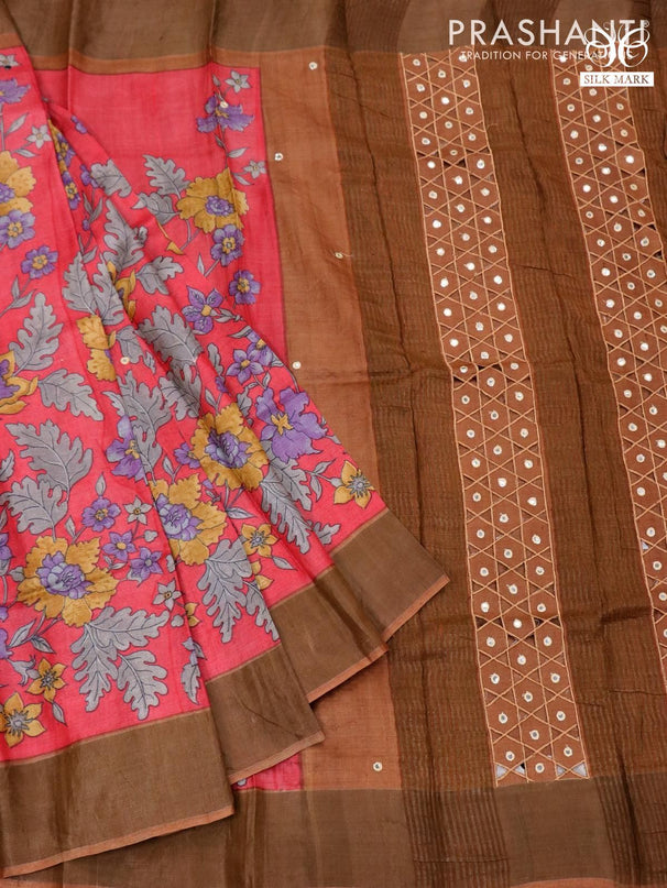 Pure tussar silk saree red and brown with floral prints and cut work pallu - {{ collection.title }} by Prashanti Sarees