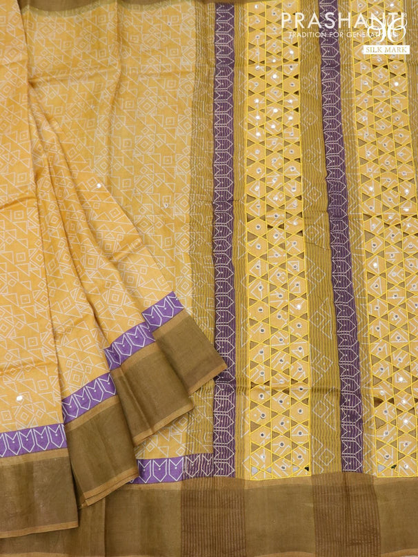 Pure tussar silk saree yellow and brown with allover geometric prints and cut work pallu - {{ collection.title }} by Prashanti Sarees