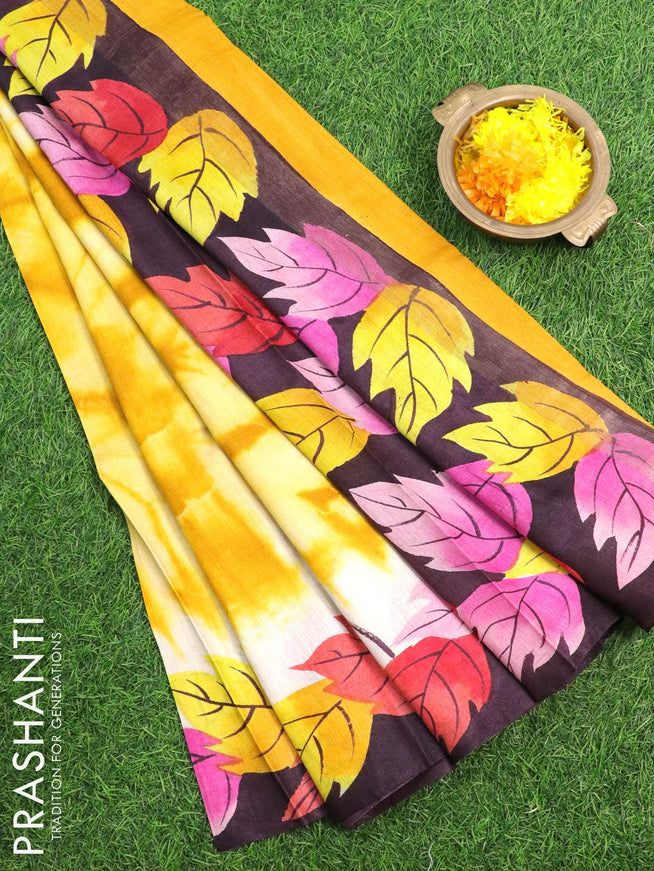 Pure tussar silk saree yellow and deep wine shade with tie & dye prints and printed border - {{ collection.title }} by Prashanti Sarees