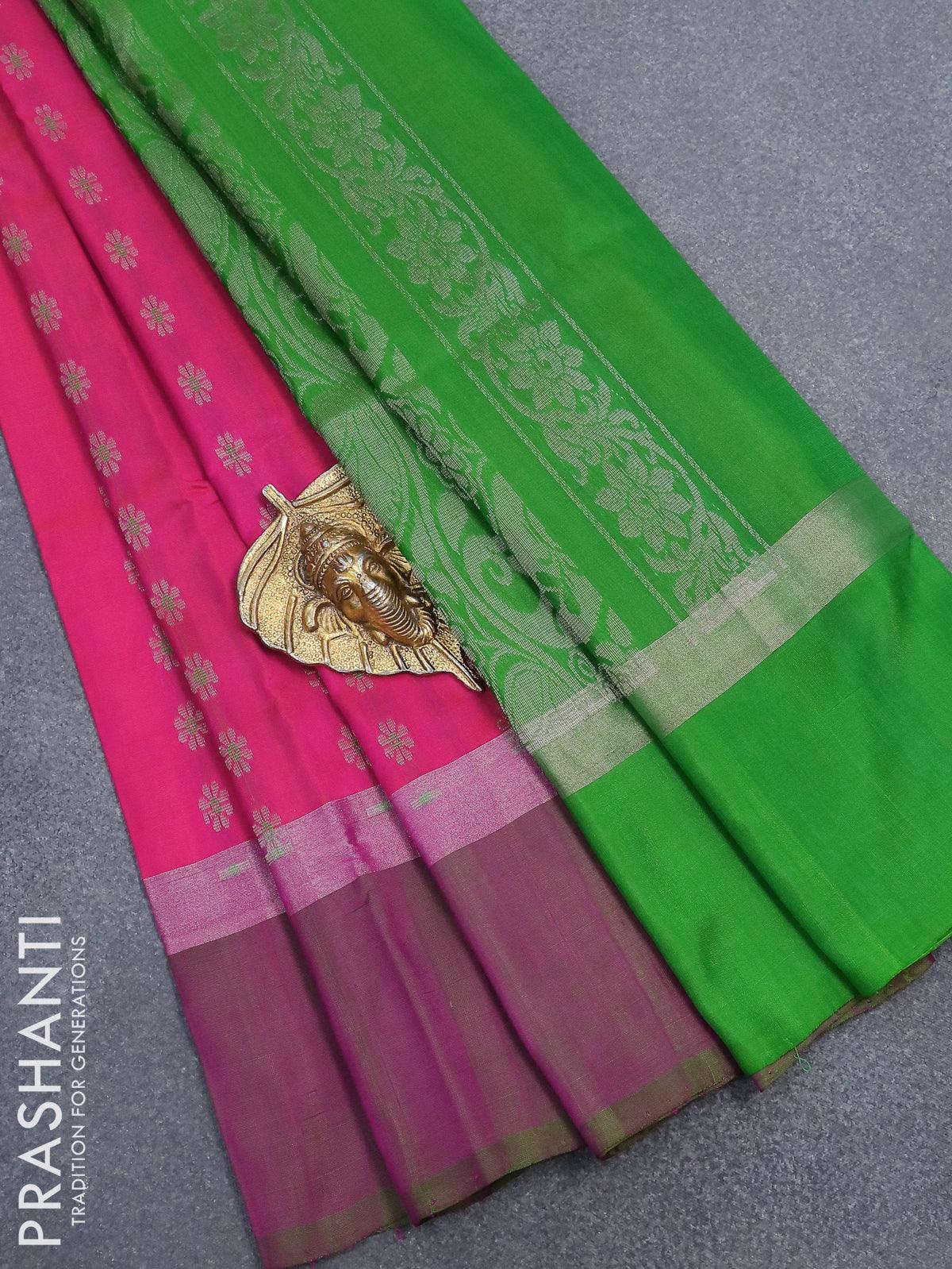 Ananya leaf Green Kanchipuram Silk Saree With Attached Blouse – Zariknyaa