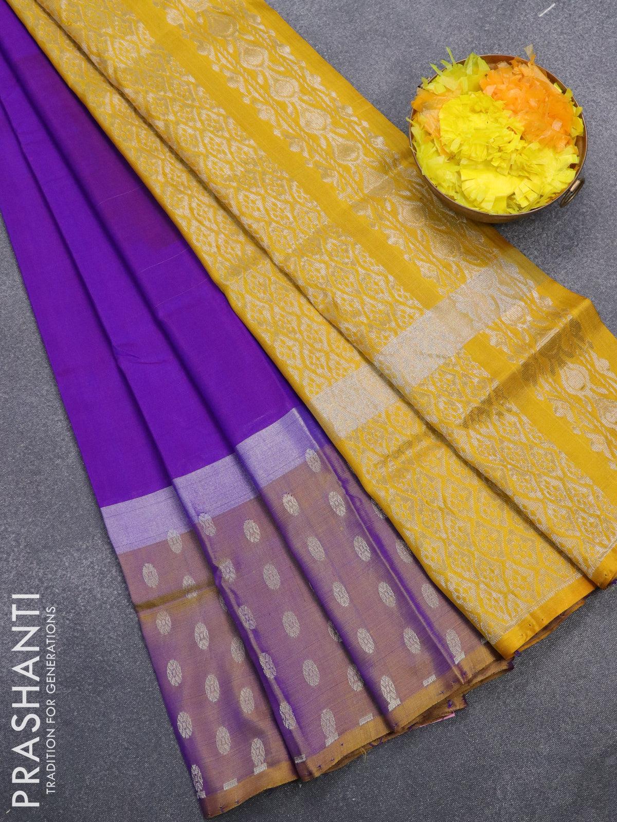 Pure Kanchipuram Silk Saree - Sunshine Yellow with Deep Purple - SHSA110 -  Tuhil