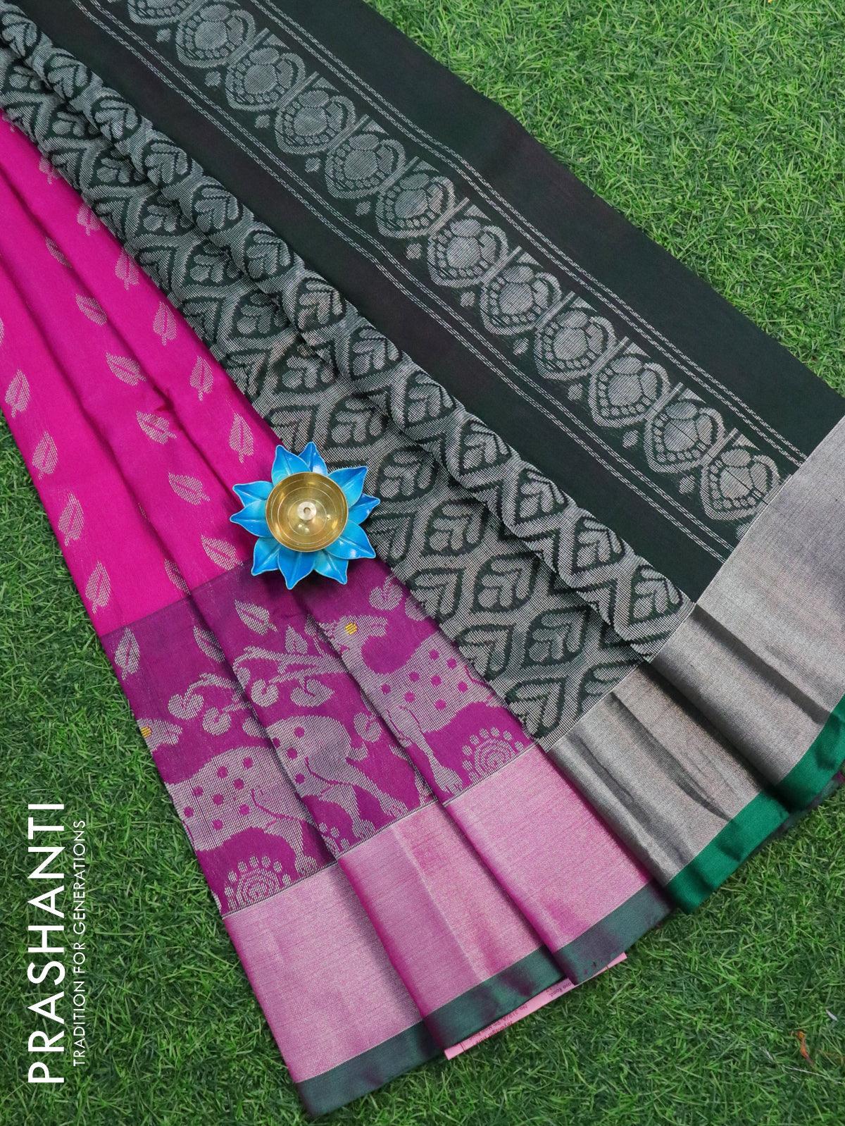 Semi tussar saree dark pink and teal blue shade with allover leheriya  prints and kalamkari printed pallu at 85000 by Prashanti – Prashanti Sarees