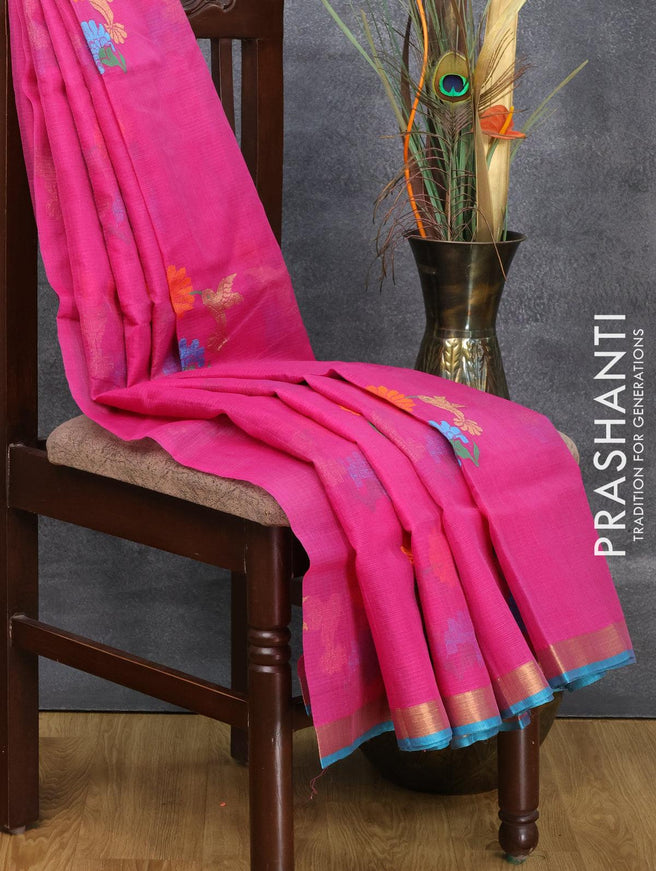 Pure zari kota saree dark magenta pink and teal blue with thread & zari woven floral weaves and zari woven border - {{ collection.title }} by Prashanti Sarees