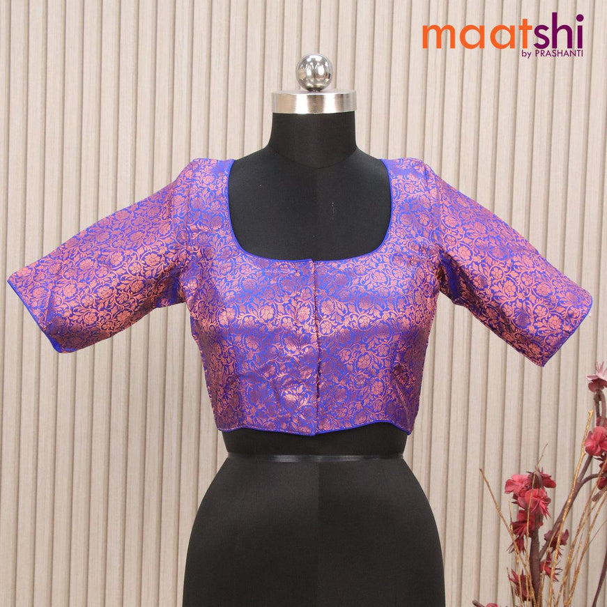 Readymade brocade blouse blue with allover copper zari weaves and back knot - {{ collection.title }} by Prashanti Sarees