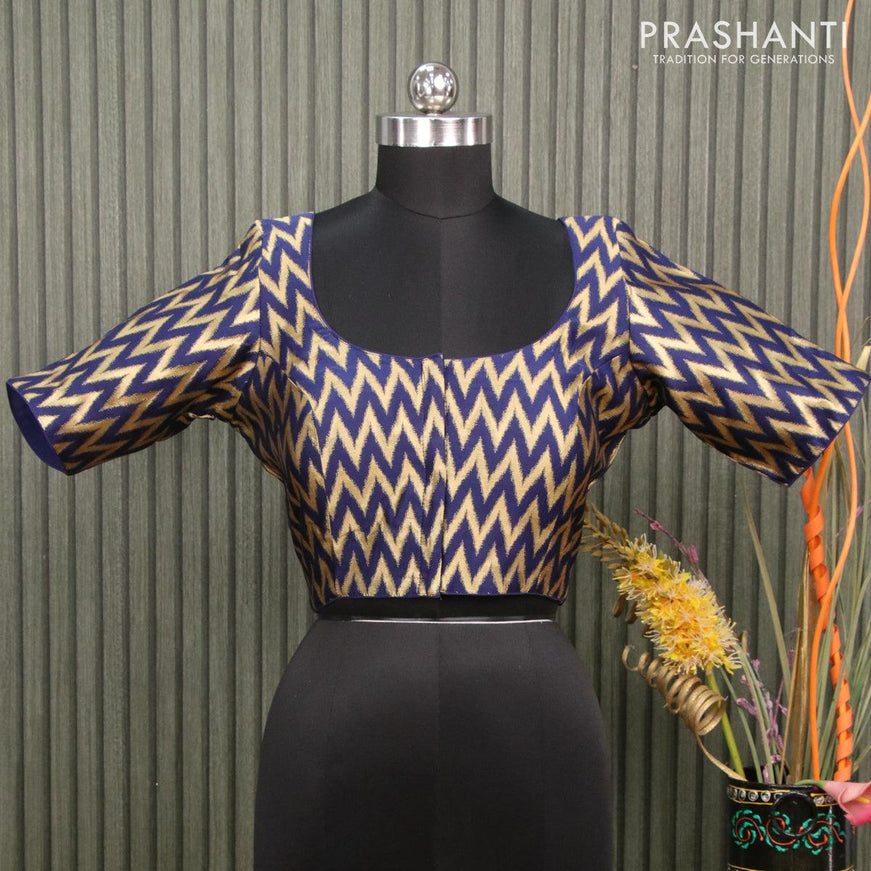 Readymade brocade blouse blue with allover ikat zari weaves and back knot - {{ collection.title }} by Prashanti Sarees