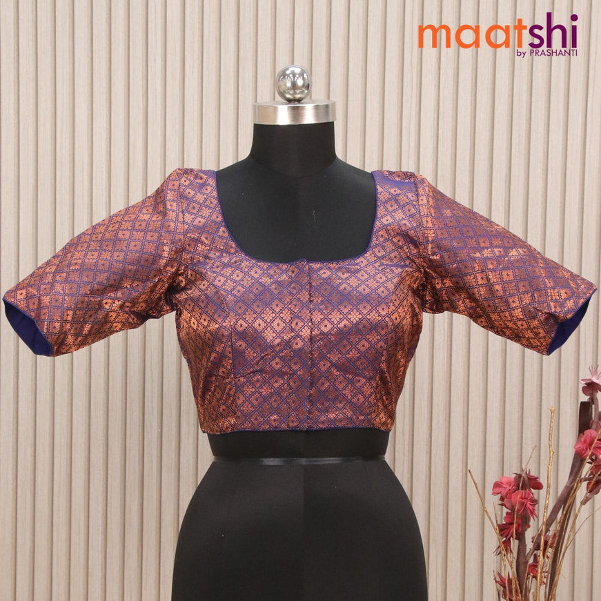 Readymade brocade blouse dark blue with allover copper zari weaves and back knot - {{ collection.title }} by Prashanti Sarees