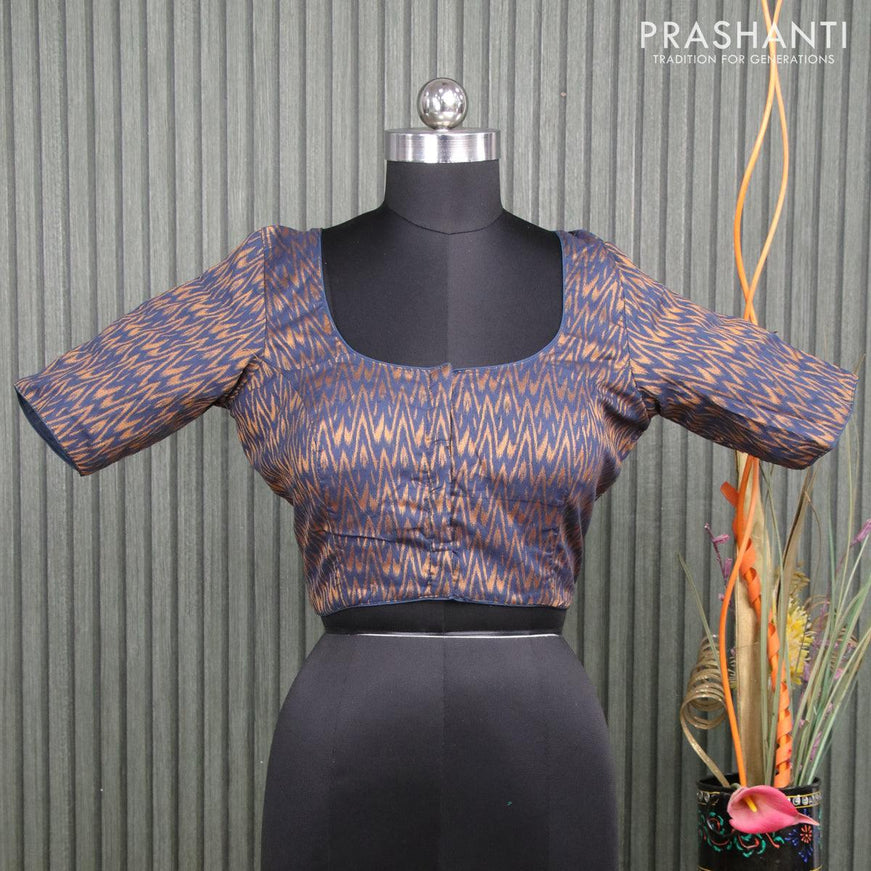 Readymade brocade blouse dark blue with allover ikat zari weaves and back knot - {{ collection.title }} by Prashanti Sarees