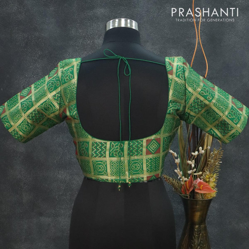 Readymade brocade blouse green with allover bandhani prints checked pattern and back knot - {{ collection.title }} by Prashanti Sarees