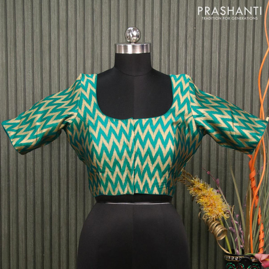 Readymade brocade blouse teal blue with allover ikat zari weaves and back knot - {{ collection.title }} by Prashanti Sarees